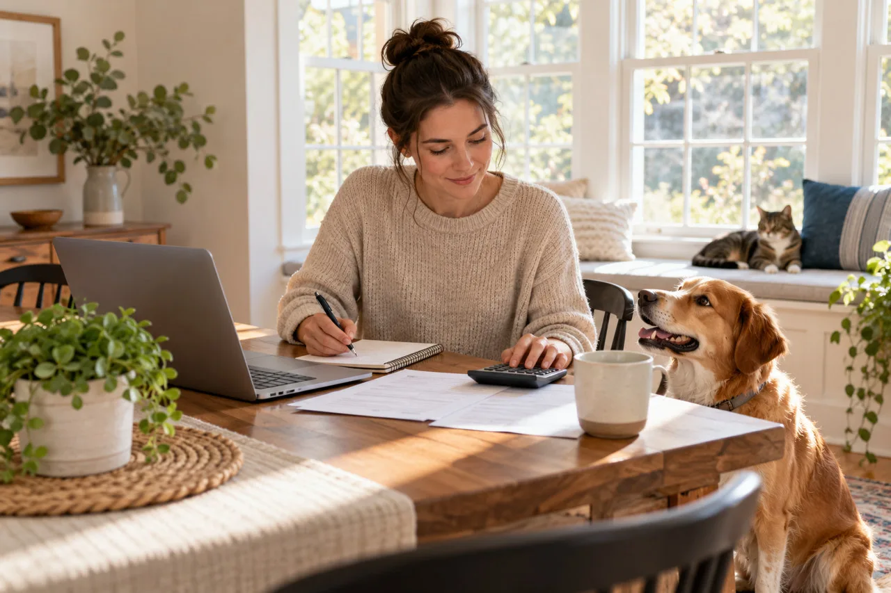 Owner organizing papers with a dog and cat nearby