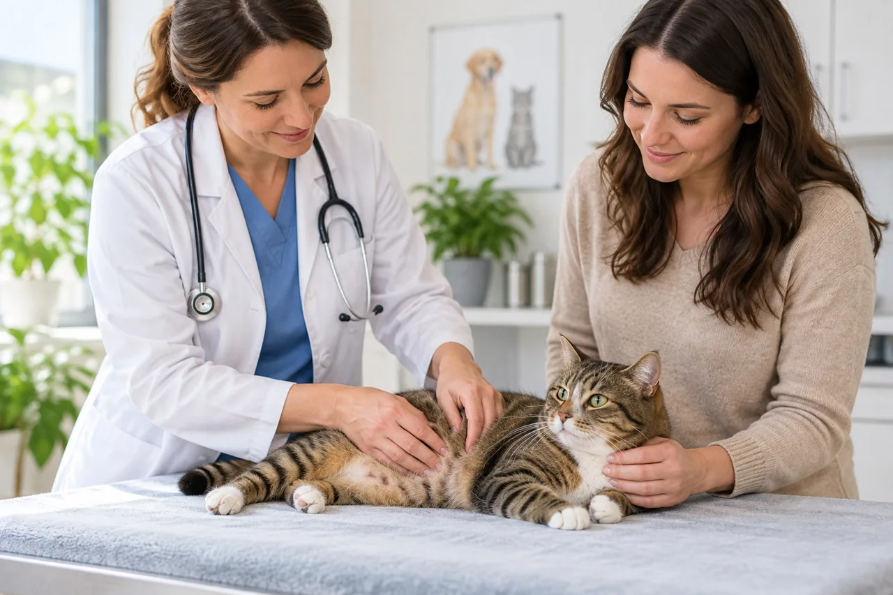 Veterinarian examining a tabby cat alongside its owner in an illustrative clinic
